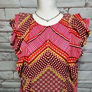 BANANA REPUBLIC-WOMENS PINK/MAUVE ABSTRACT PATTERN TOP WITH FLUTTER SLEEVES
